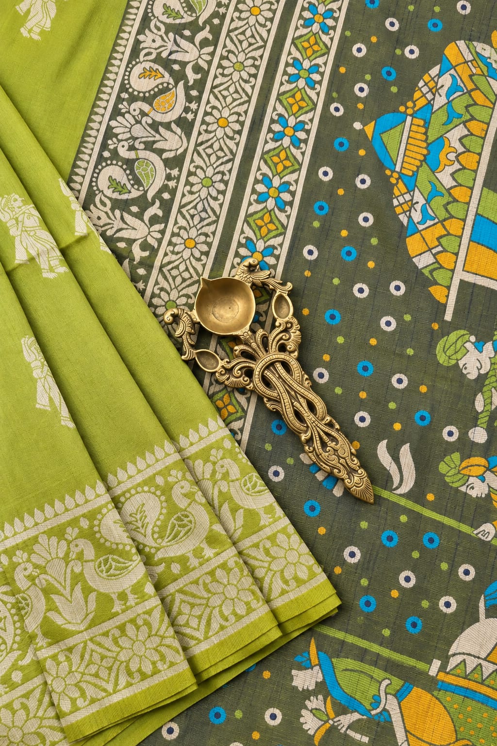 Aarini lime green and olive semi raw silk saree with resham weaving by Tattva Crafted Elegance.