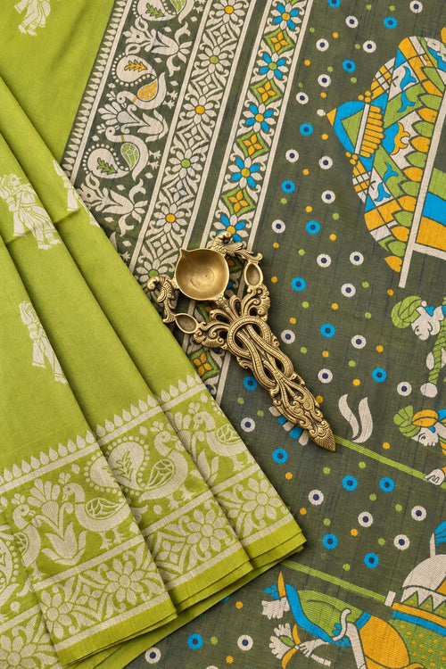 Aarini lime green and olive semi raw silk saree with resham weaving by Tattva Crafted Elegance.