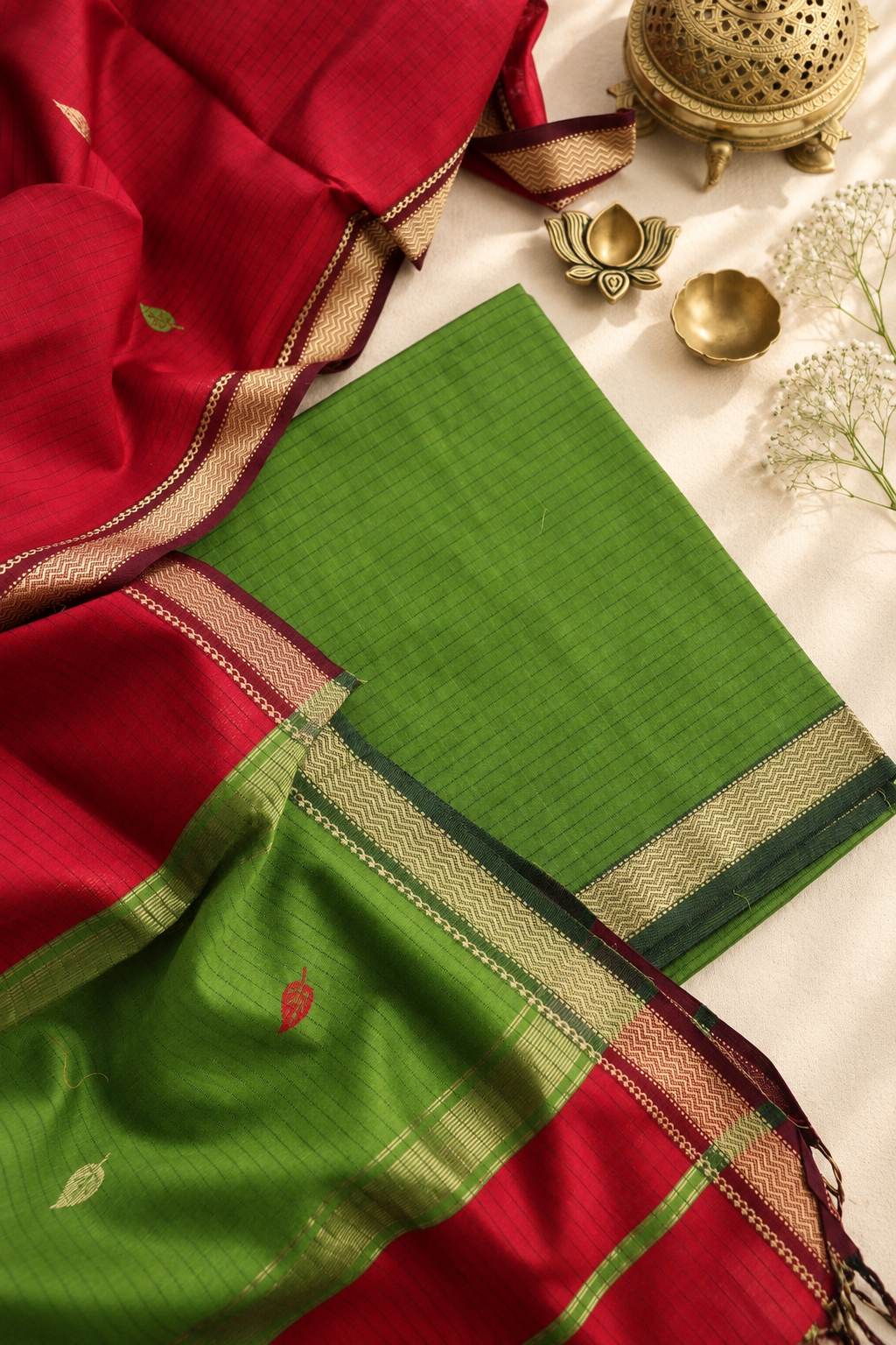 hilya deep red and green unstitched Maheshwari silk cotton suit fabric by Tattva Crafted Elegance