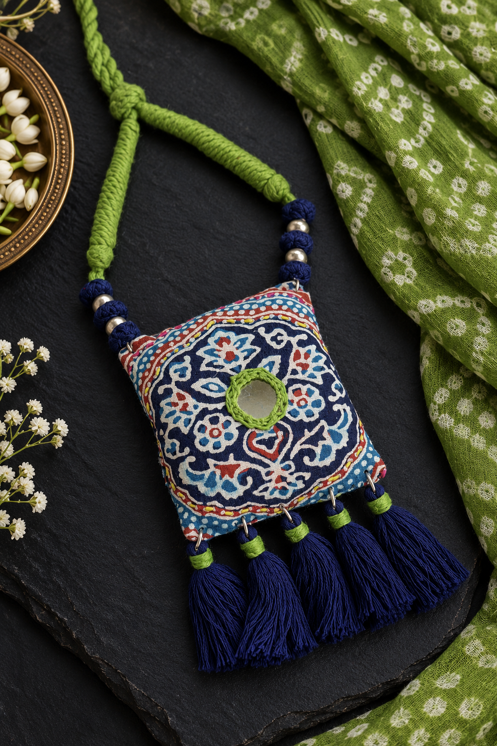 Blue Kutchi fabric necklace with mirror detail, tassels and green dori