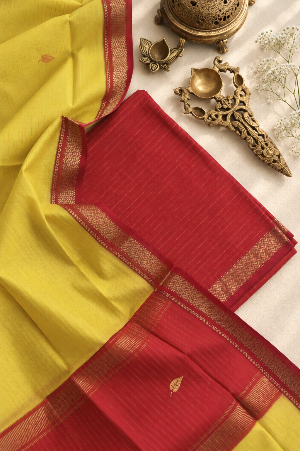 Dhara yellow and orange-red unstitched Maheshwari silk cotton suit fabric by Tattva Crafted Elegance