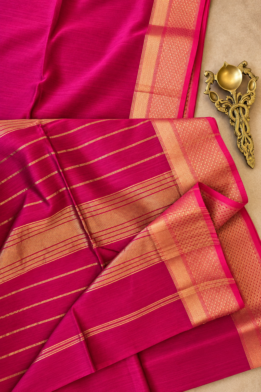 Reshma rani pink Maheshwari handloom silk cotton saree with gold zari border, modelled for Tattva Crafted Elegance