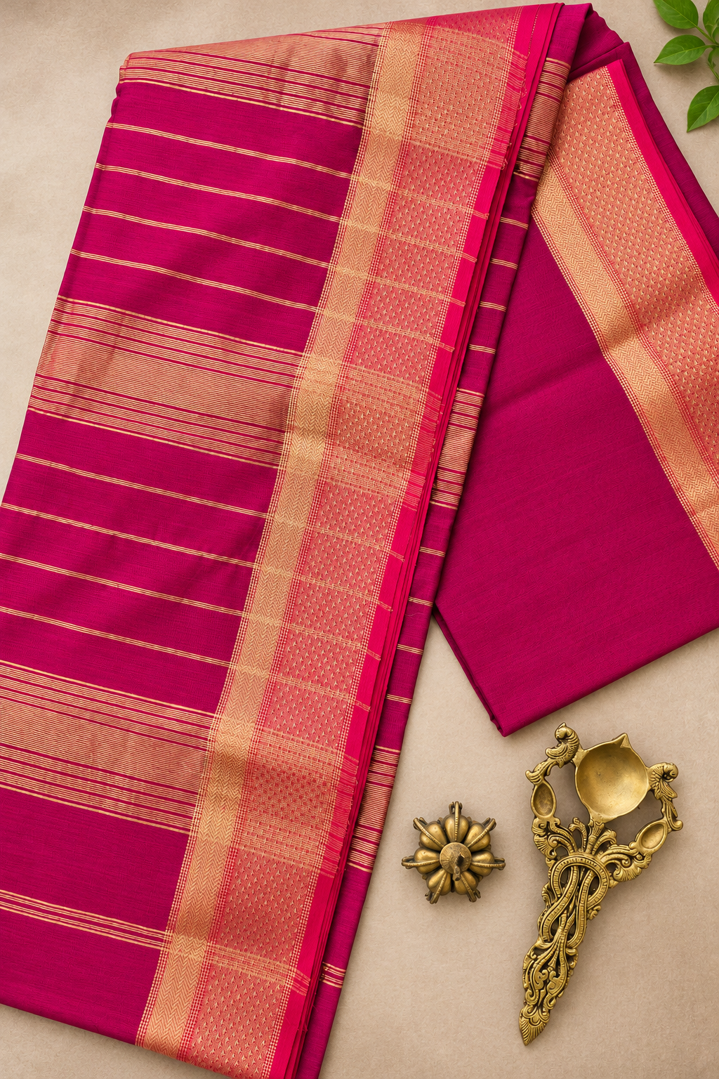 Rani pink Maheshwari saree pallu with traditional gold zari stripes
