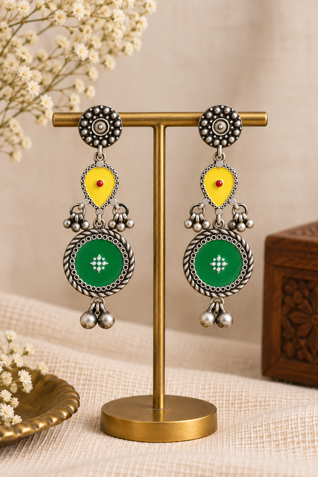 Yellow & Green Hand-Painted Enamel Brass Earrings – Silver Look-Alike