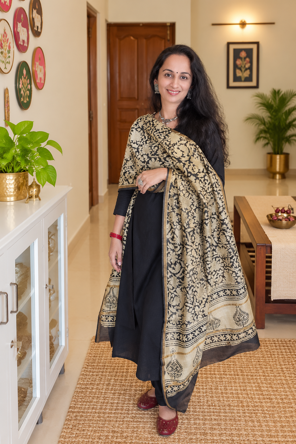 Black & Cream Hand Block Printed Silk Cotton Dupatta