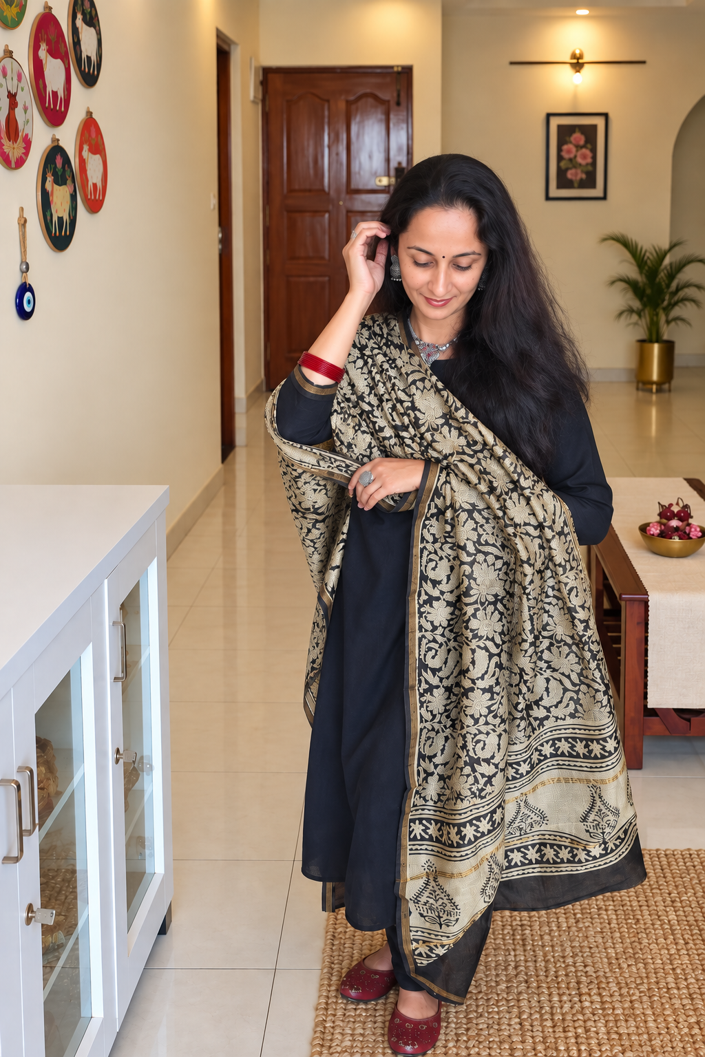 Black & Cream Hand Block Printed Silk Cotton Dupatta