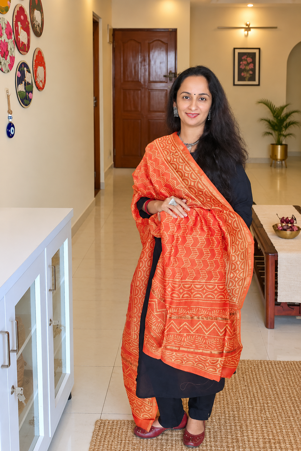 Orange Hand Block Printed Silk Cotton Dupatta