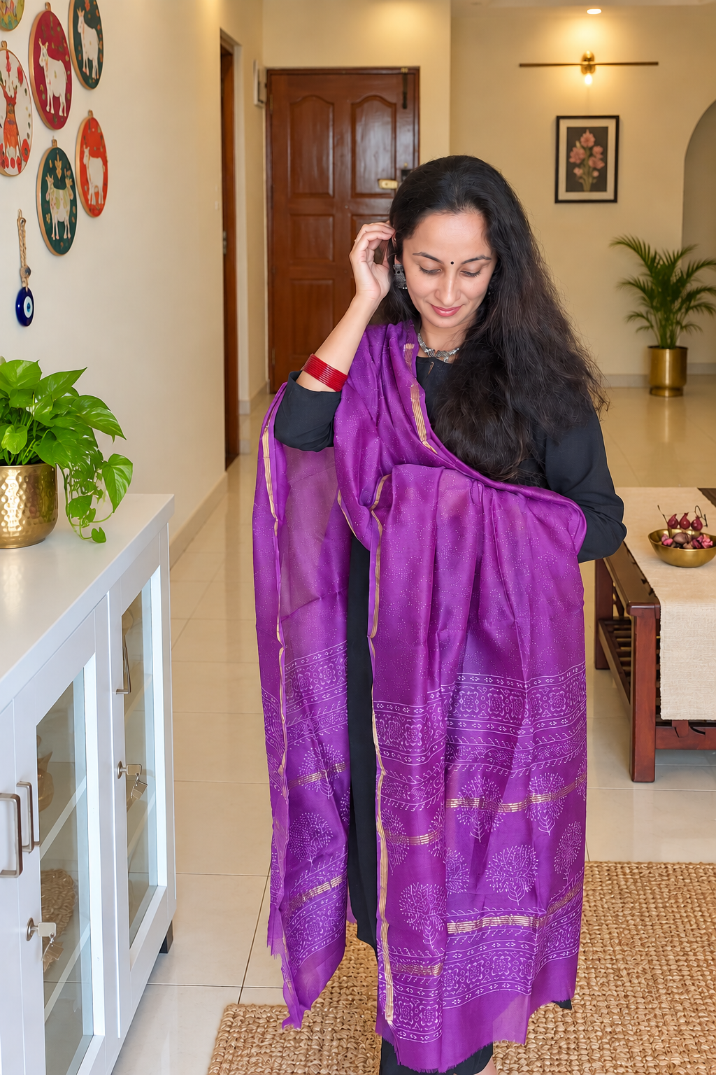Purple Hand Block Printed Silk Cotton Dupatta