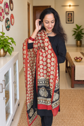 Red Hand Block Printed Silk Cotton Dupatta.