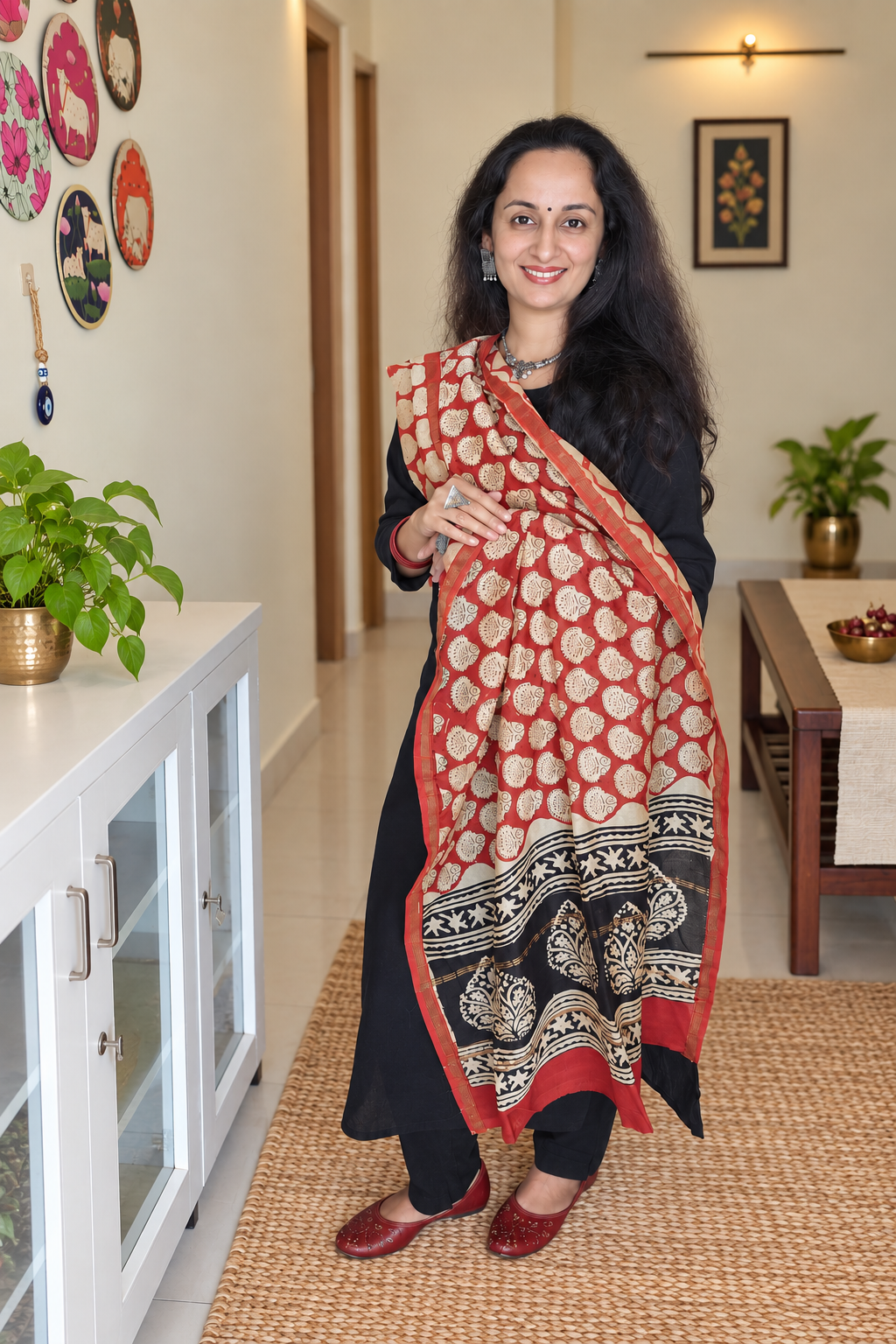 Red Hand Block Printed Silk Cotton Dupatta.