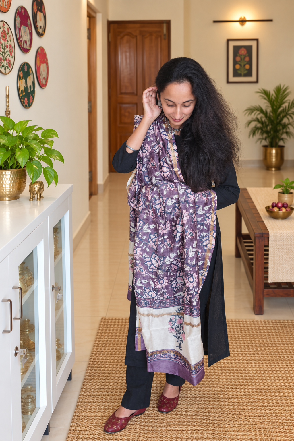 Plum Purple Floral Hand Block Printed Silk Cotton Dupatta