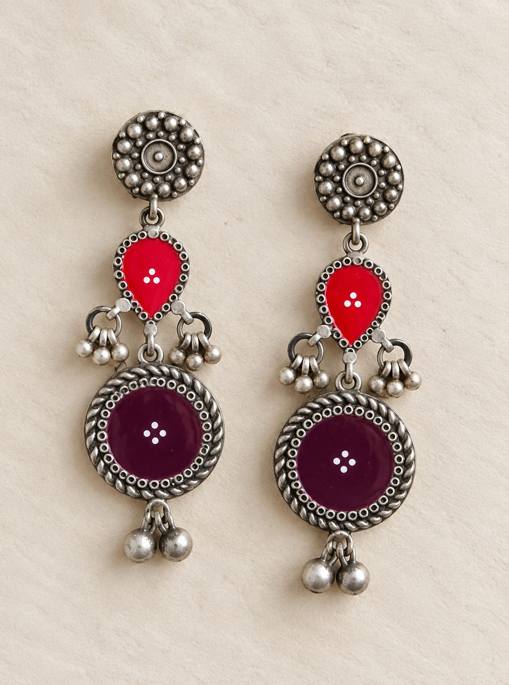 Red & Purple Hand-Painted Enamel Brass Earrings – Silver Look-Alike