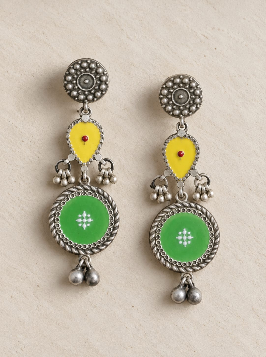 Yellow & Green Hand-Painted Enamel Brass Earrings – Silver Look-Alike