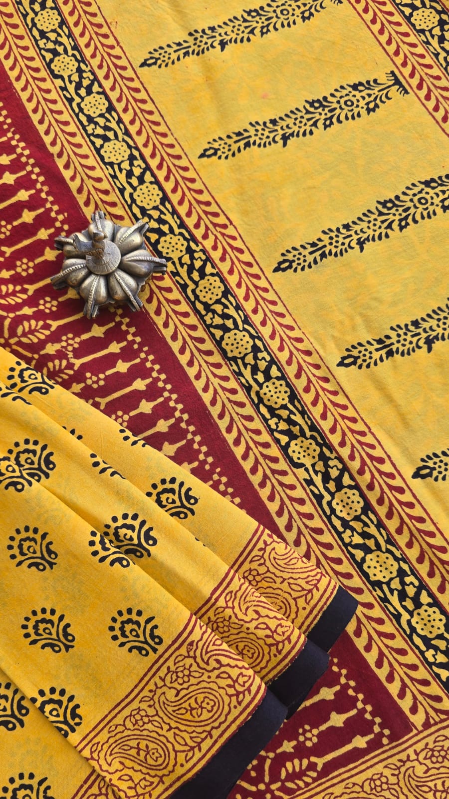 Kashvi yellow and black Bagh hand block printed cotton saree by Tattva Crafted Elegance