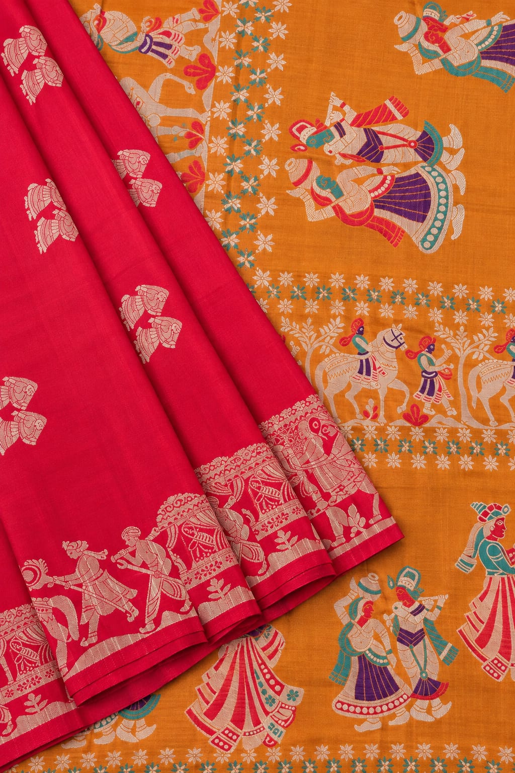 Kesarika red and mustard semi raw silk saree with resham weaving by Tattva Crafted Elegance