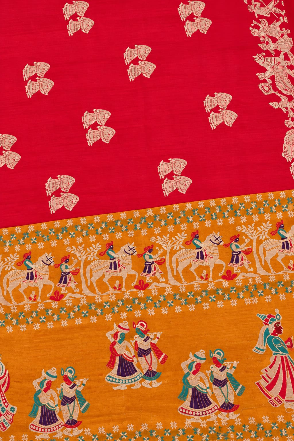 Kesarika red and mustard semi raw silk saree with resham weaving by Tattva Crafted Elegance with details palla view.