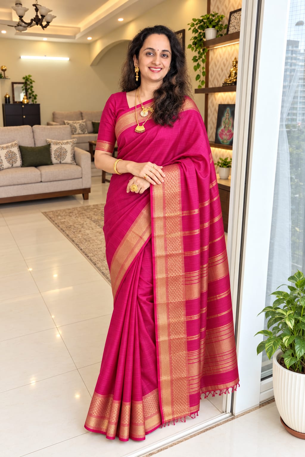 Reshma rani pink Maheshwari handloom silk cotton saree with gold zari border, modelled for Tattva Crafted Elegance