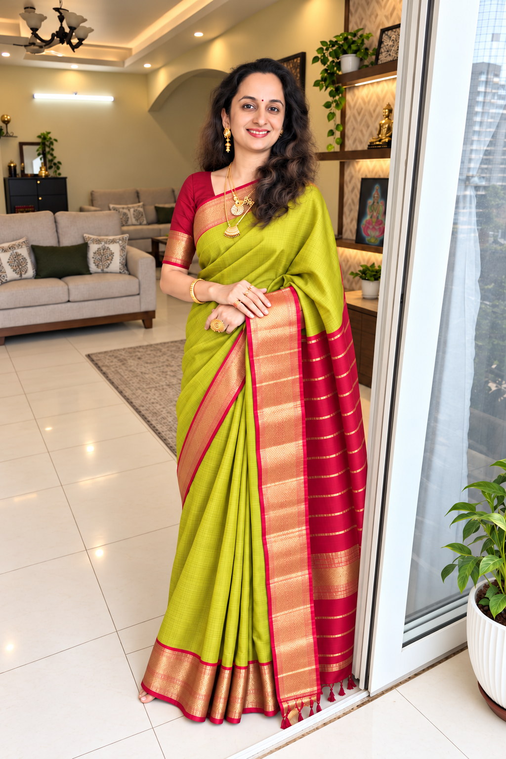 Lehar lime green Maheshwari handloom silk cotton saree with red pallu and traditional golden zari border.