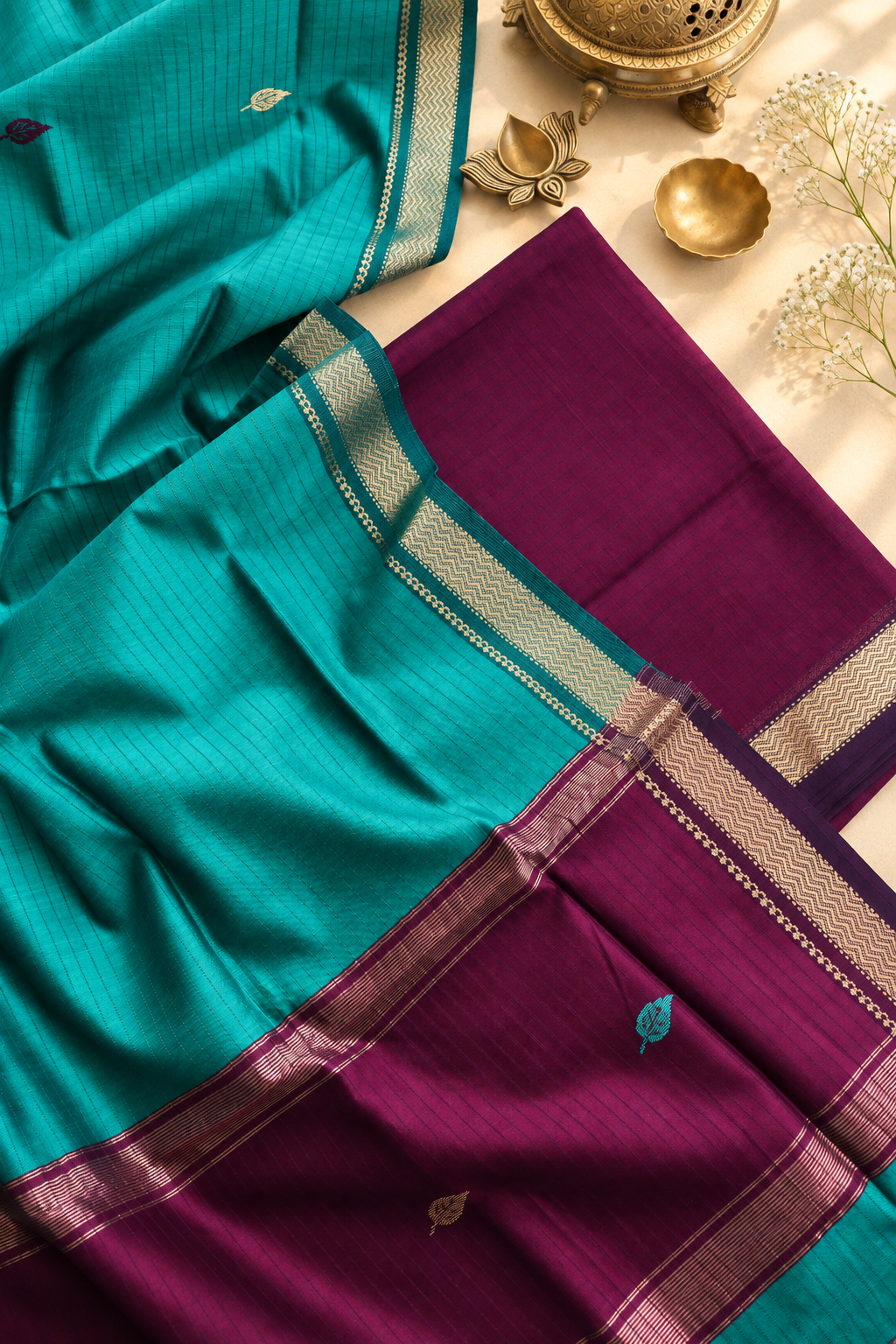 Neerja sea green and wine unstitched Maheshwari silk cotton suit fabric by Tattva Crafted Elegance