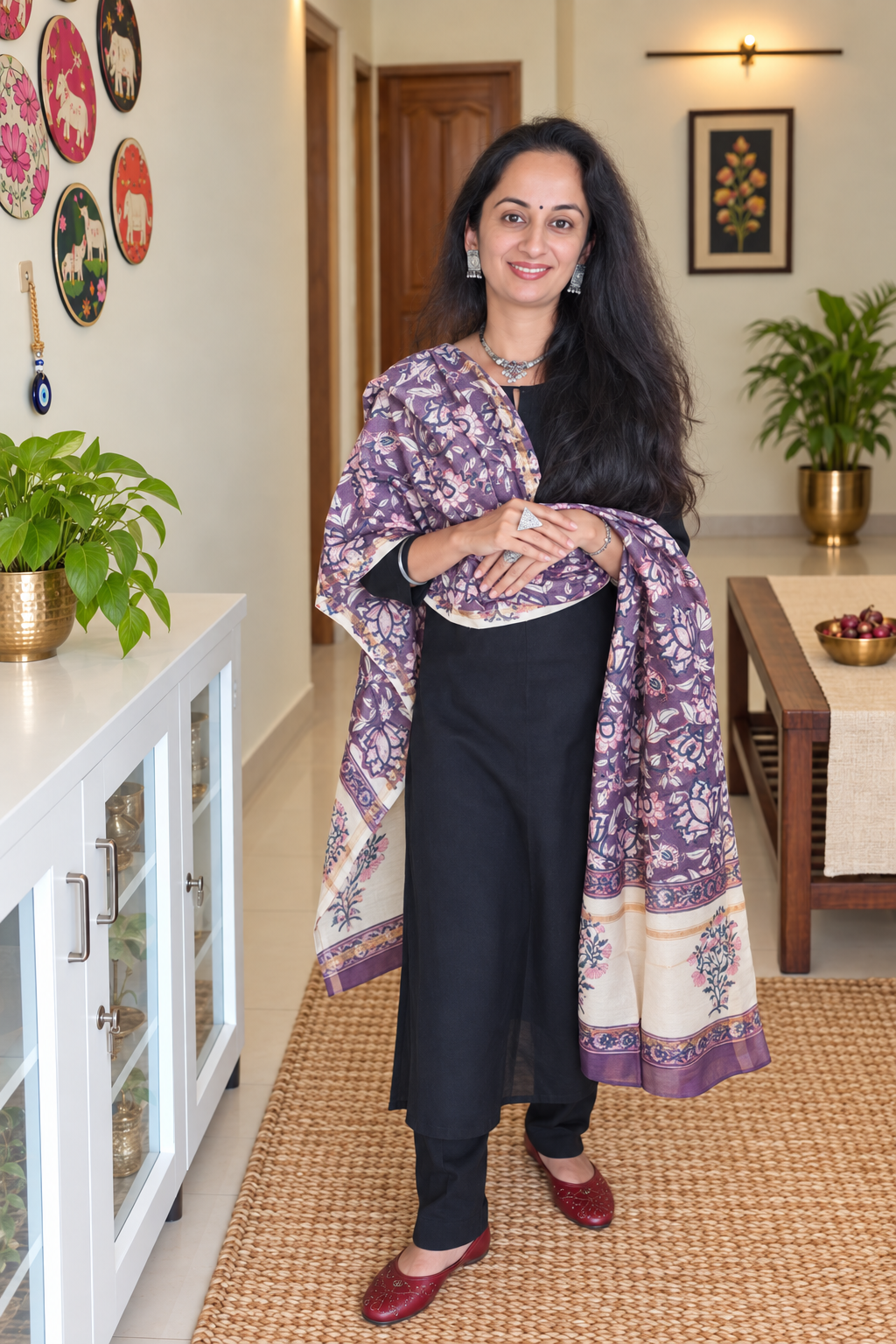 Plum Purple Floral Hand Block Printed Silk Cotton Dupatta