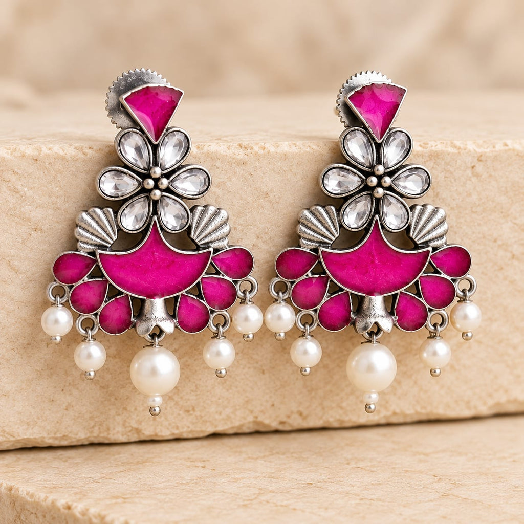 Pink & White Stone Meenakari Pearl Drop Earrings – Silver Look-Alike