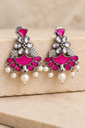 Pink & White Stone Meenakari Pearl Drop Earrings – Silver Look-Alike