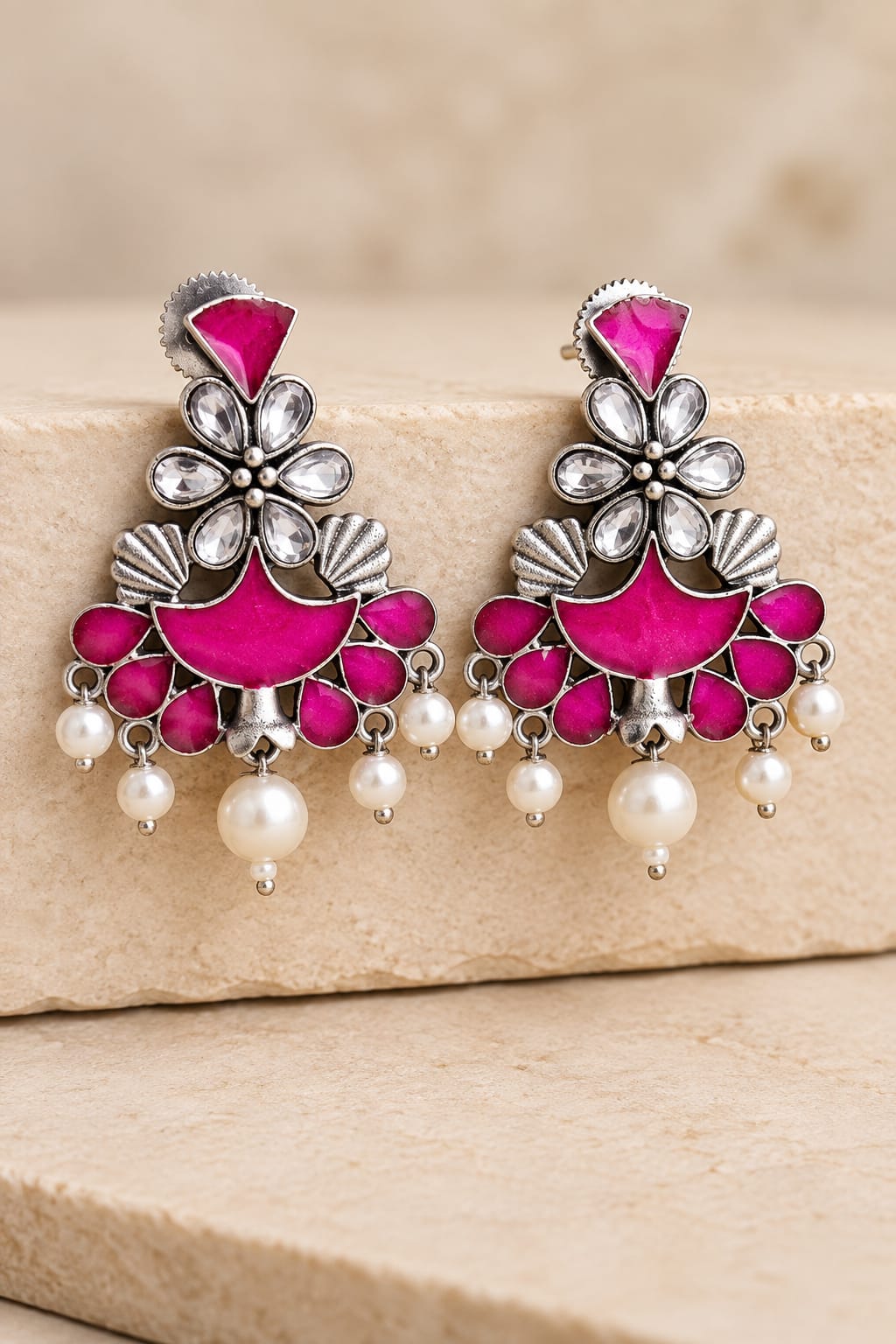 Pink & White Stone Meenakari Pearl Drop Earrings – Silver Look-Alike