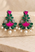 Pink & Green Stone Meenakari Pearl Drop Earrings – Silver Look-Alike