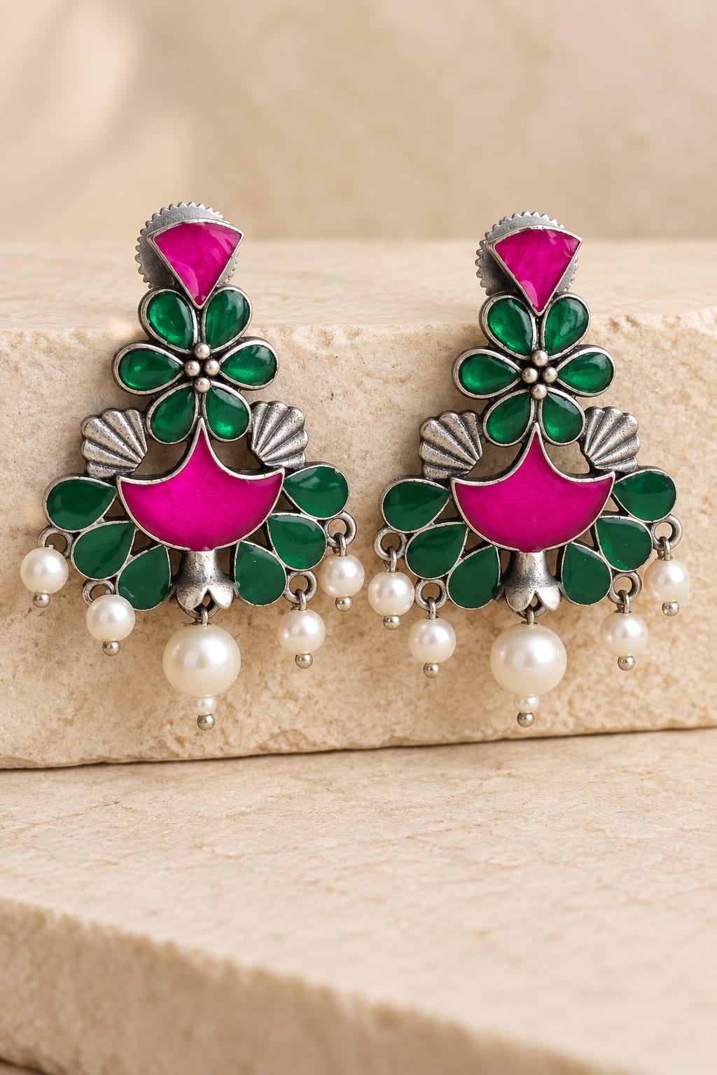 Pink & Green Stone Meenakari Pearl Drop Earrings – Silver Look-Alike