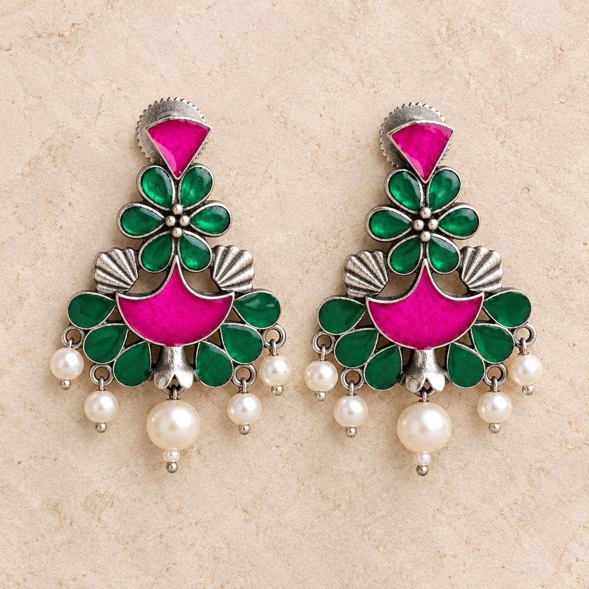 Pink & Green Stone Meenakari Pearl Drop Earrings – Silver Look-Alike