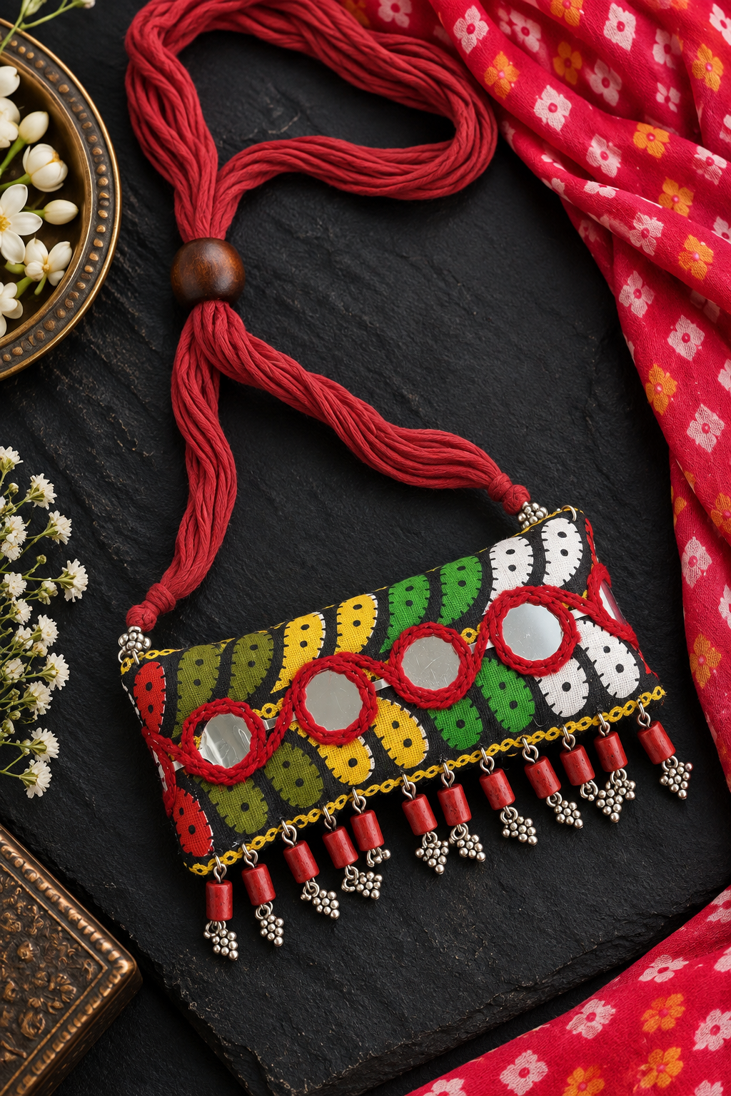 Kutchi fabric necklace with mirror work, red dori and silver-toned danglers