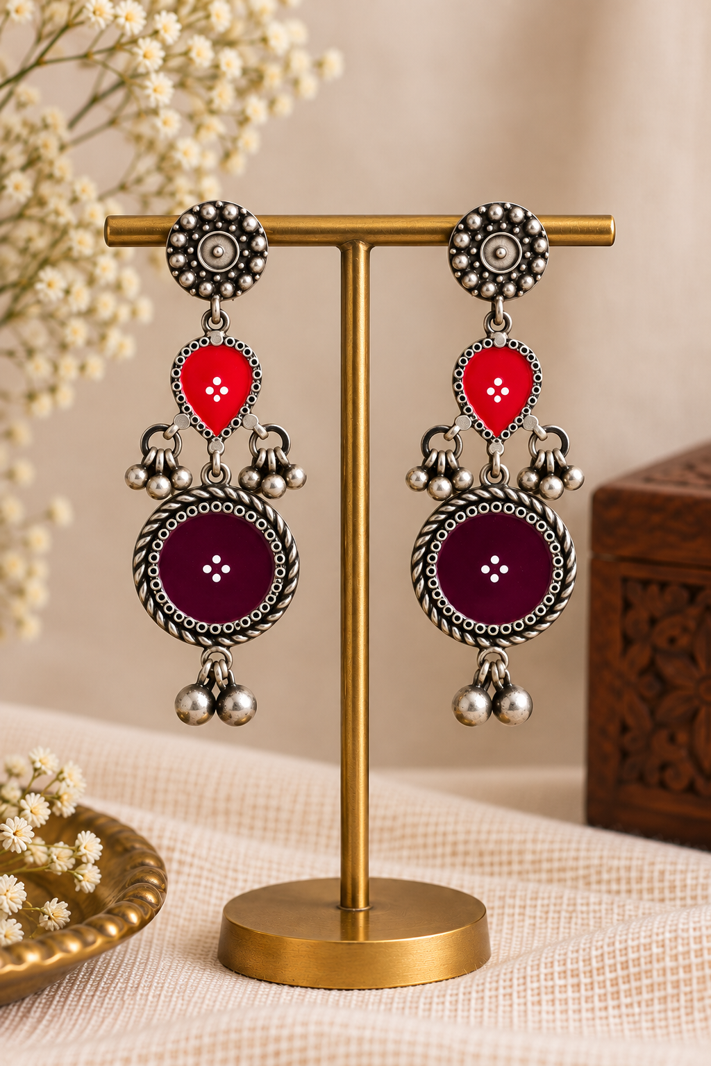 Red & Purple Hand-Painted Enamel Brass Earrings – Silver Look-Alike