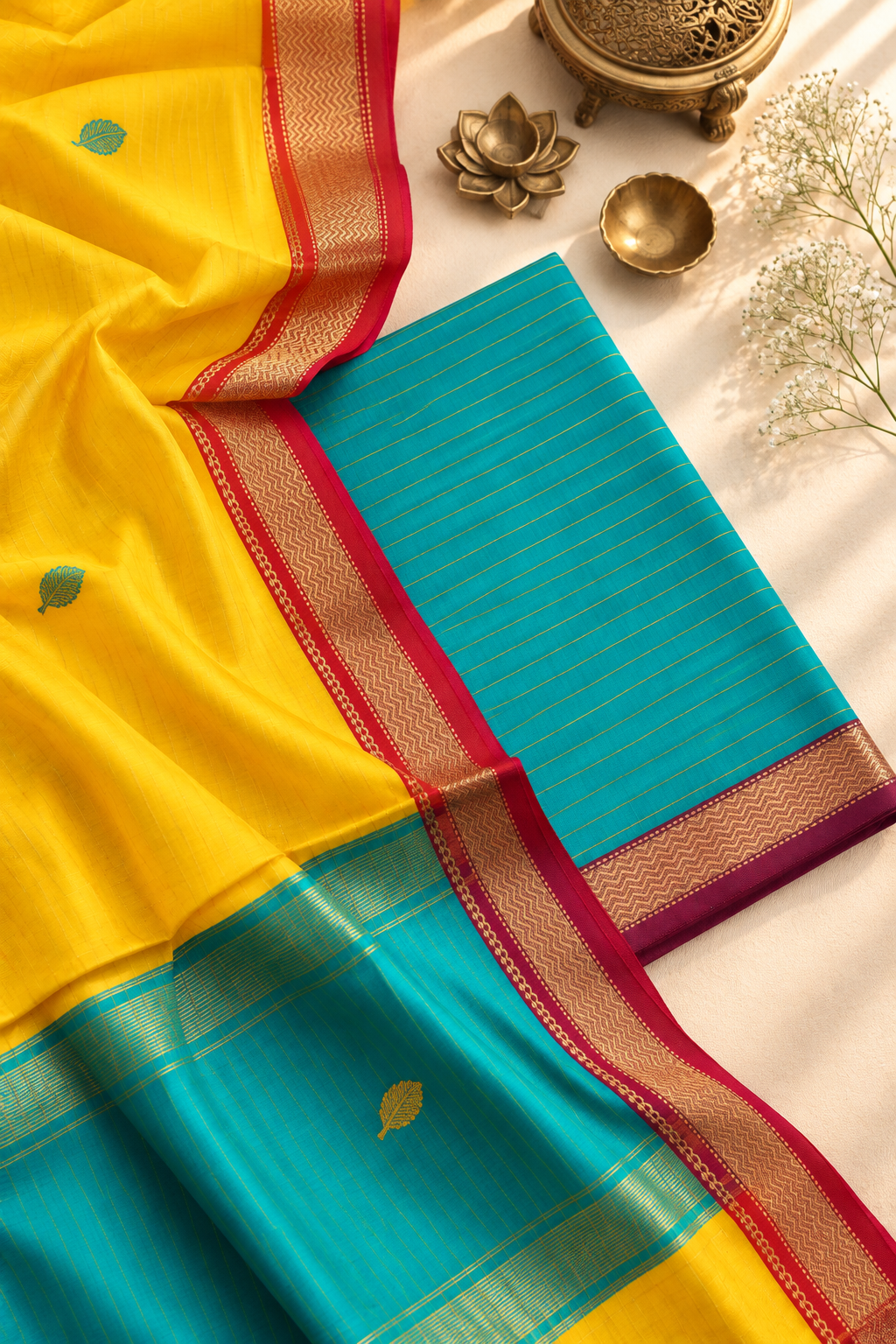Rewa yellow and turquoise unstitched Maheshwari silk cotton suit fabric by Tattva Crafted Elegance