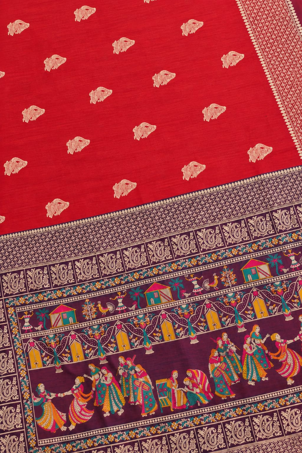 A close-up of Rohini Semi Raw Silk Saree with resham weaving.