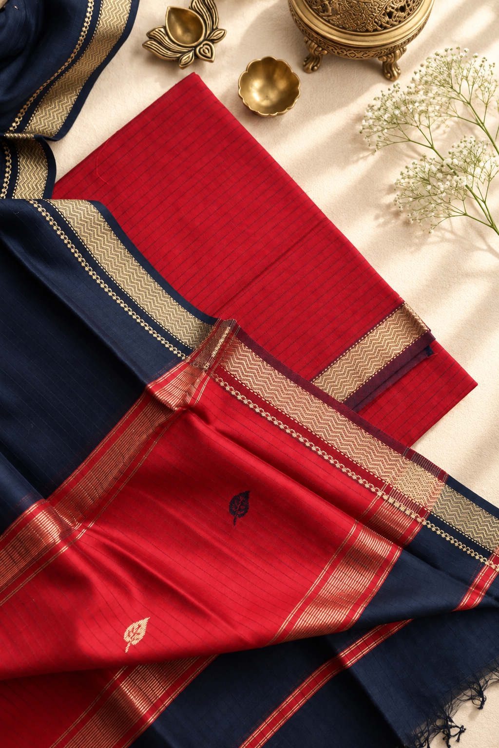Shivani black and red unstitched Maheshwari silk cotton suit fabric by Tattva Crafted Elegance