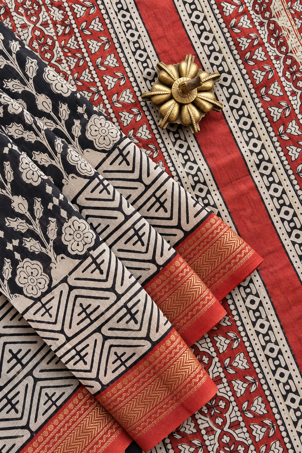 yYamini, a black and red hand block printed silk cotton saree featuring floral motifs, geometric patterns and a traditional golden zari border at Tattva Crafted Elegance.