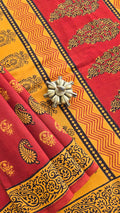 Aaranya mustard and red Bagh hand block printed cotton saree by Tattva Crafted Elegance