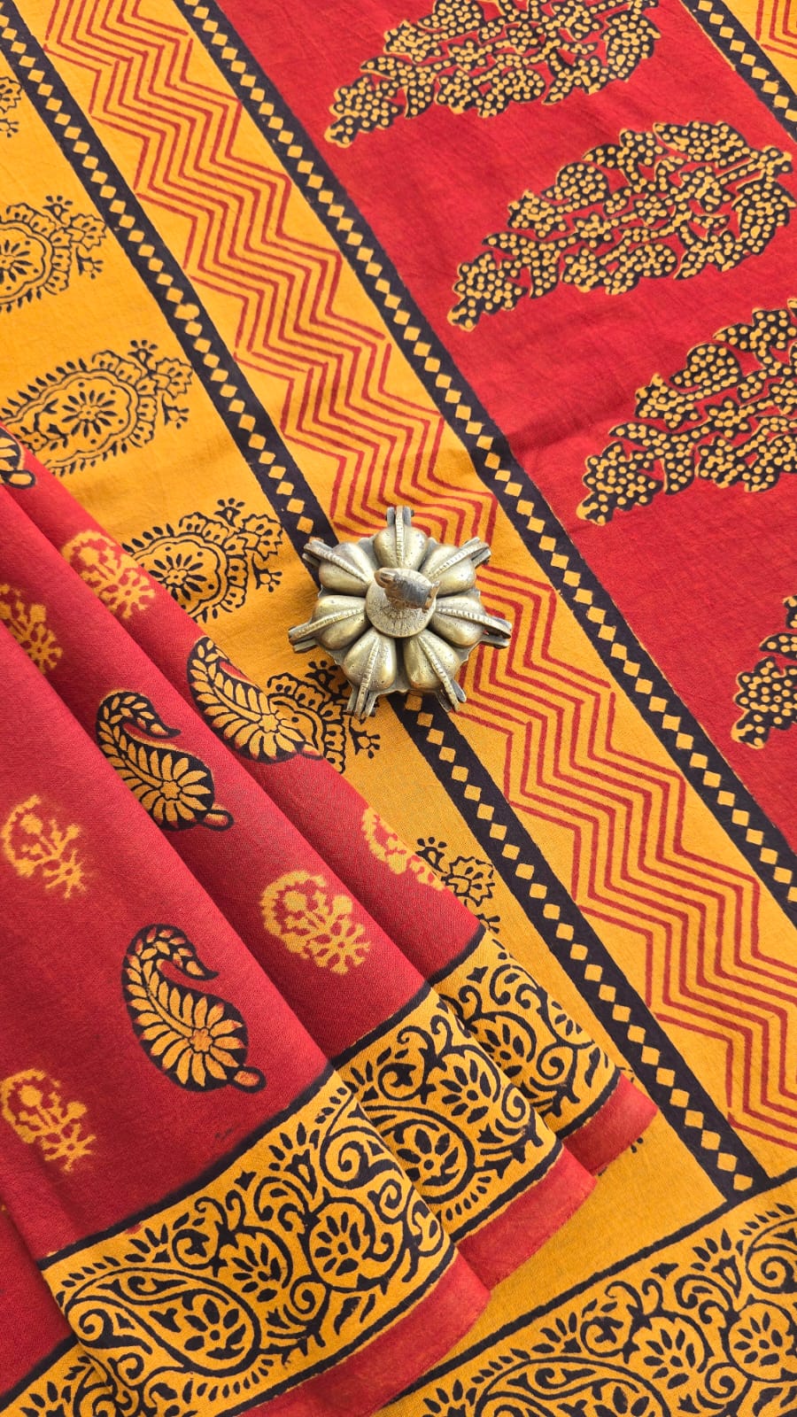 Aaranya mustard and red Bagh hand block printed cotton saree by Tattva Crafted Elegance