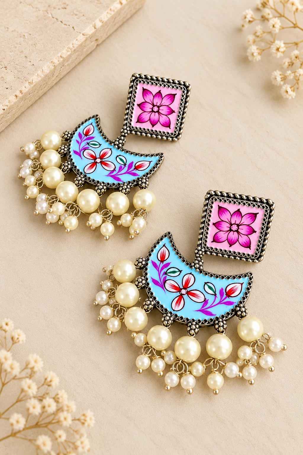 Blue & Pink Hand-Painted Chandbali Pearl Earrings – Silver Look-Alike