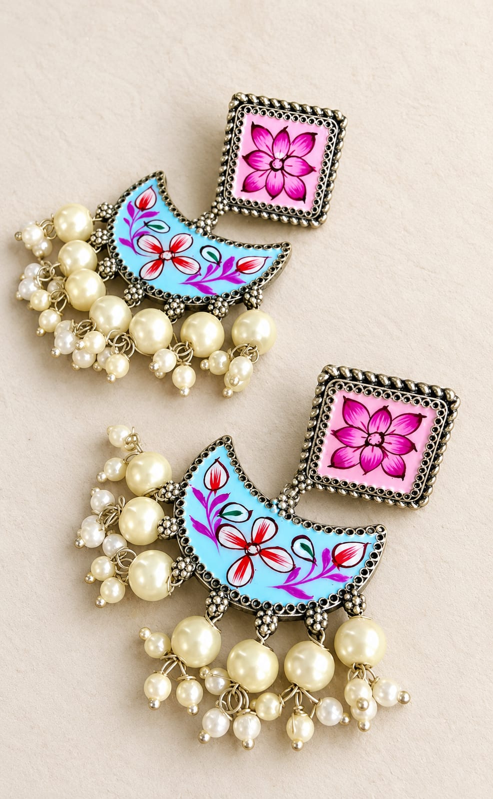 Blue & Pink Hand-Painted Chandbali Pearl Earrings – Silver Look-Alike