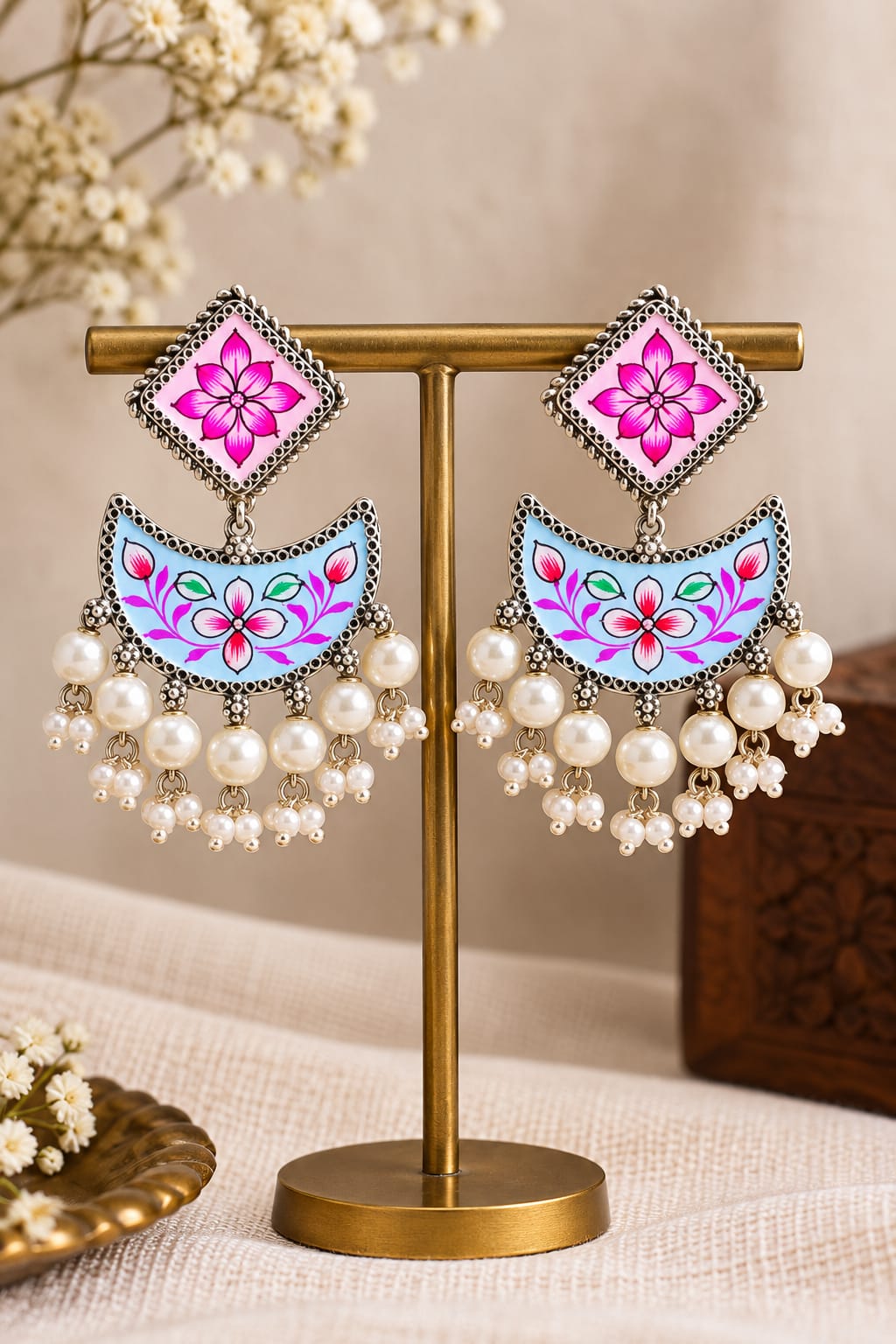Blue & Pink Hand-Painted Chandbali Pearl Earrings – Silver Look-Alike