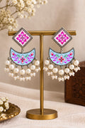 Blue & Pink Hand-Painted Chandbali Pearl Earrings – Silver Look-Alike
