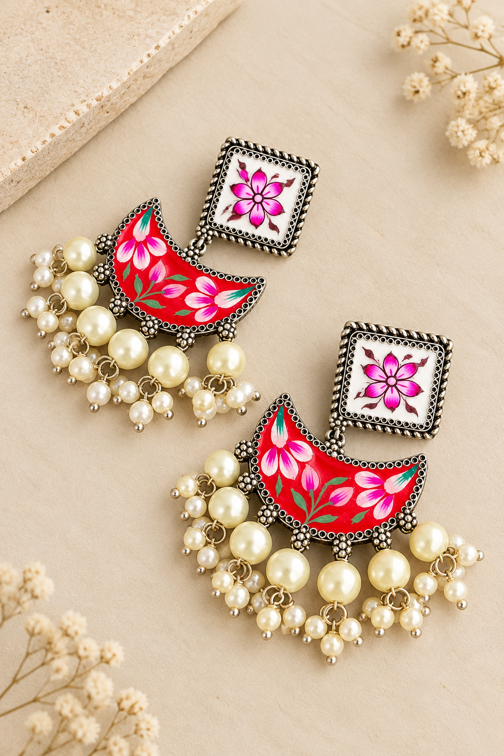 Red & White Hand-Painted Chandbali Pearl Earrings – Silver Look-Alike