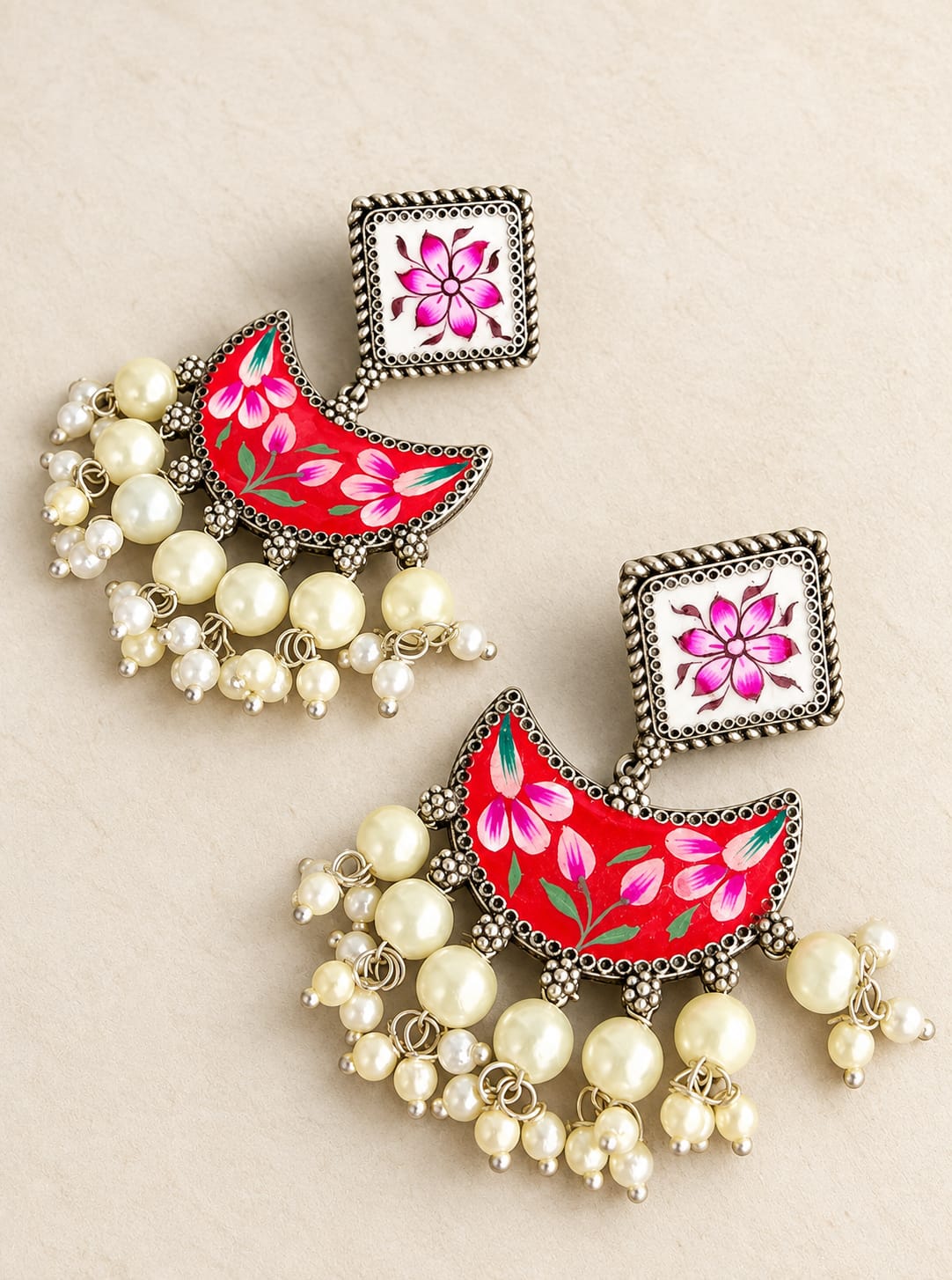 Red & White Hand-Painted Chandbali Pearl Earrings – Silver Look-Alike