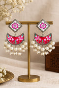 Red & White Hand-Painted Chandbali Pearl Earrings – Silver Look-Alike