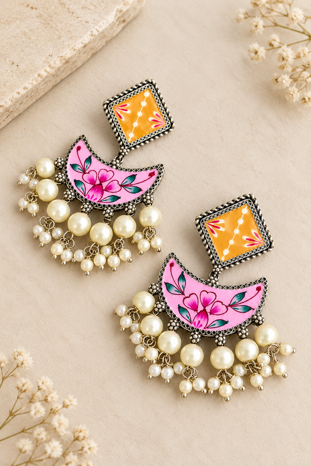 Pink & Yellow Hand-Painted Chandbali Pearl Earrings – Silver Look-Alike