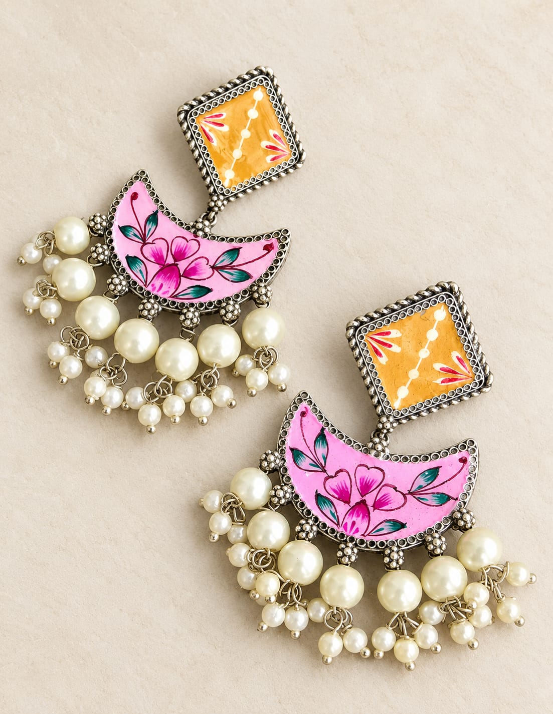 Pink & Yellow Hand-Painted Chandbali Pearl Earrings – Silver Look-Alike