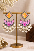 Pink & Yellow Hand-Painted Chandbali Pearl Earrings – Silver Look-Alike