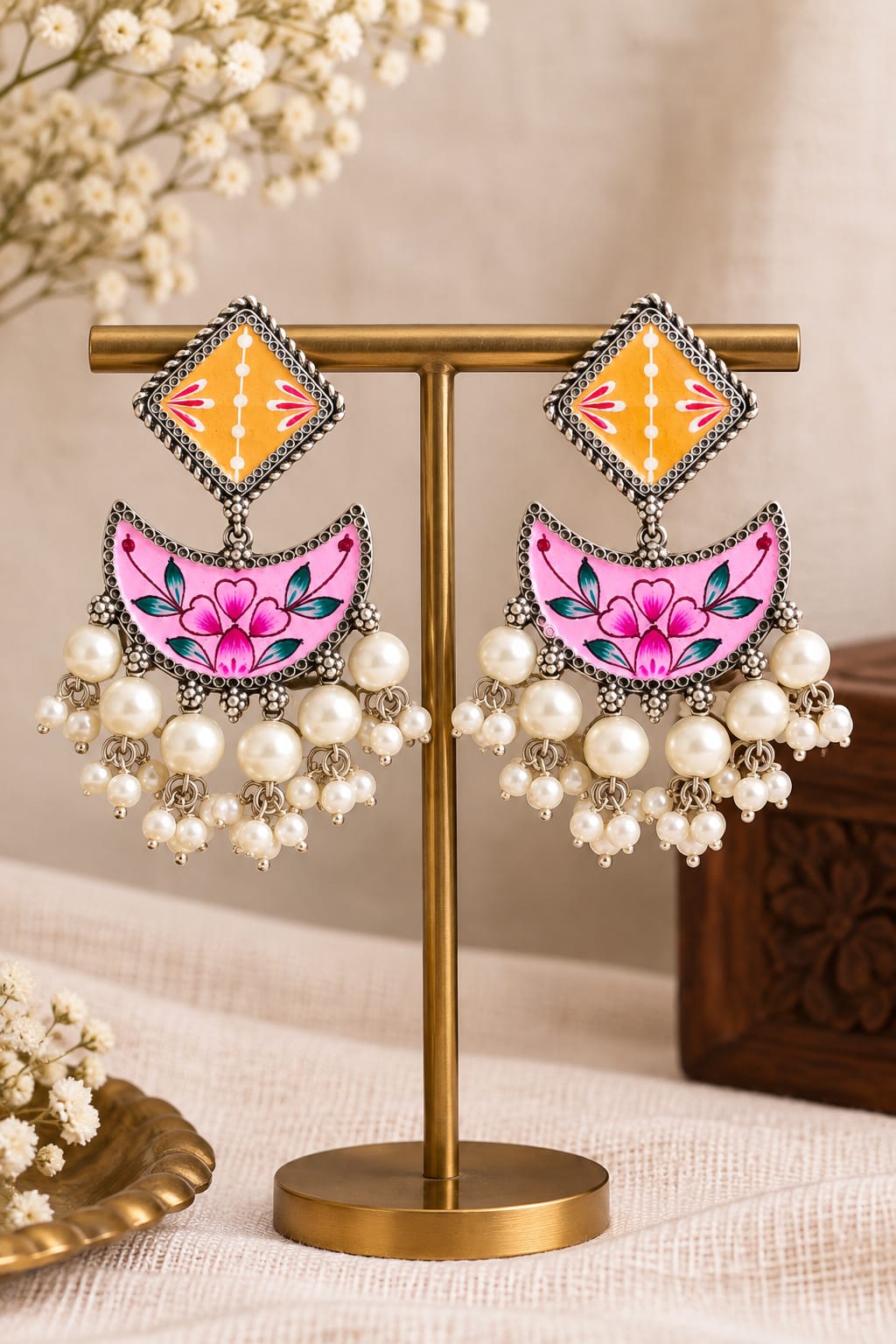 Pink & Yellow Hand-Painted Chandbali Pearl Earrings – Silver Look-Alike