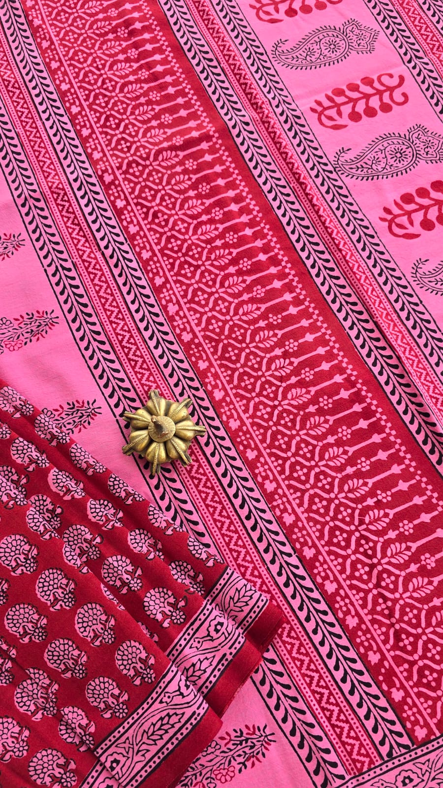 Gul pink and maroon Bagh hand block printed cotton saree by Tattva Crafted Elegance